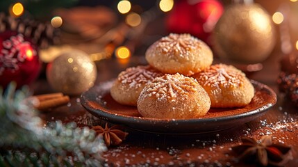 Festive Christmas cookies on a plate surrounded by holiday decorations