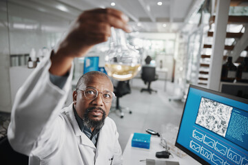 Computer screen, science and solution with man in lab for medical or pharmaceutical research. Innovation, sample and study with African scientist at work for analysis, development or experiment
