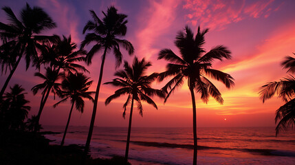 Obraz premium Glorious Sunset at Kovalam Beach in Kerala with Silhouetted Palms