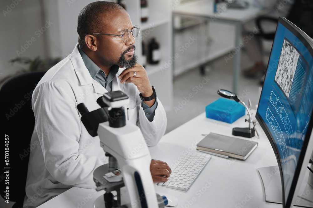 Poster Science, lab and virus research with black man and computer for microscope data analysis and report. Working, scientist and medical journal with technology and professional with monkeypox study