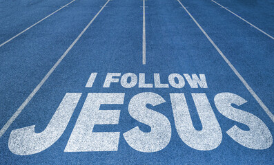 I Follow Jesus written on running track, New Concept on running track text in white color