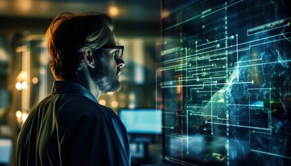 Professional analyzing futuristic digital interface, exploring technology and data, in modern office environment.