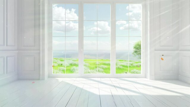 white empty room with summer landscape in window seamless looping overlay 4k virtual video animation background