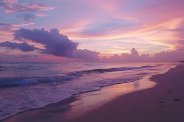 Pink Sunset over Ocean Waves.