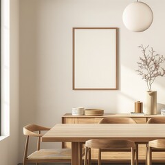Blank Poster Frame in Minimalist Dining Room Interior Mockup with Wooden Furniture