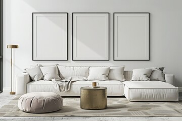 Set of Three Frame Blank Poster Mockup in a Modern White Living Room Interior