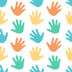 Obraz premium Seamless Colorful Pattern with Kids Hand Palm. Children Vector Background.