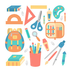 School Supplies Set. Elementary Primary School Design Elements Set. Pencil Case, Backpack, Scissors, Pen, Brush, Books Set.