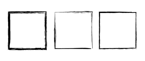 Grunge square frame set. Different paint brush border collection. Black chalk or ink rectangular uneven stroke design elements for banner, poster, flyer, brochure, cover. Vector square carde