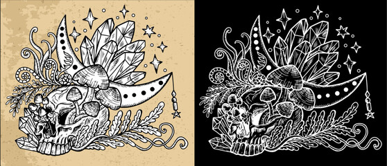 Celestial mystic mushrooms with magic and floral decorative design elements, skull and crystals, witchcraft symbols. Esoteric and witchy objects, tattoo concept, hand drawn clipart 
