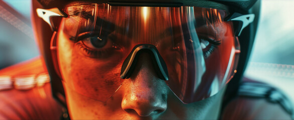 Close-up portrait of a track cycling cyclist at a bicycle racing competition