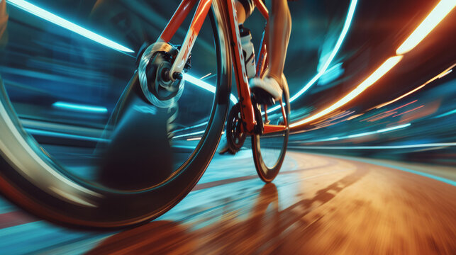 Legs of a track cycling cyclist at a bicycle racing competition with blur from speed of the cycle