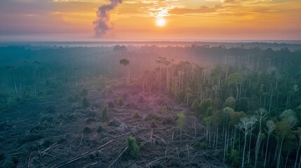 Naklejka premium Aerial view of a forest with smoke and a setting sun in the distance. The forest is partially cleared, with some trees remaining.