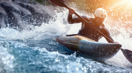 Close-up of a man athlete in a canoe canoeing at a slalom competition
