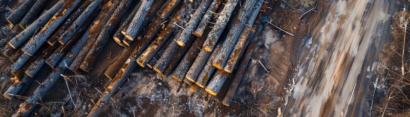 Aerial view of stacked wooden logs in a forest.