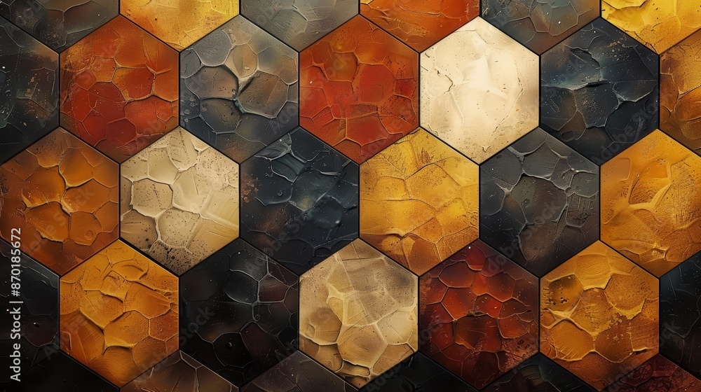Poster abstract geometric pattern of hexagonal tiles in warm and cool tones.