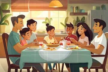 Obraz premium Family dinner, joyful smiles, smiles and socializing at the dining table