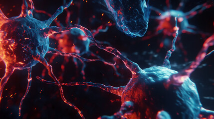 A highly detailed, realistic close-up of human cells being attacked in the style of cancer cells with blue and red color. The dark black background highlights the theme of medical science