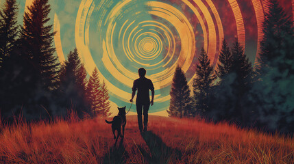 A man walking his dog in the middle of an endless field surrounded by pine trees, in the style of psychedelic art with vibrant colors and symmetrical patterns, floating spiral shapes around them
