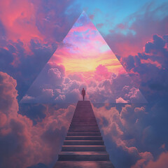A man walking up the stairs to a triangular shaped sky with clouds, surreal, bright colors, in the style of hyper realistic photography