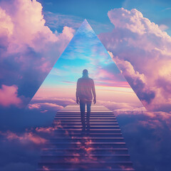 A man walking up the stairs to a triangular shaped sky with clouds