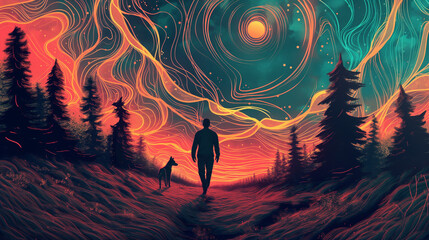 A man with his dog walking through an endless field of pine trees, the background is a swirling vortex made up of colorful lines and circles in the style of a trippy artwork