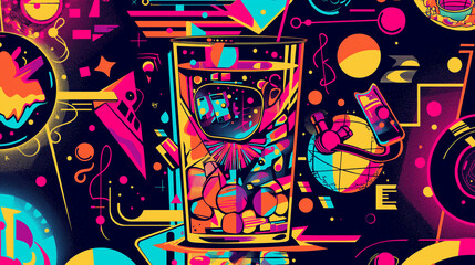 Obraz premium A psychedelic vector illustration of an advertising poster. The main element is a glass with a retro-style label, surrounded by vibrant patterns and graphics representing different music styles