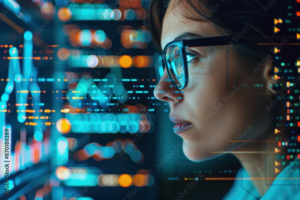 Poster focused woman analyzing data on computer screen, surrounded by digital code and charts. represents t