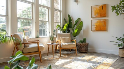 Light-filled therapist office with comfortable chairs and soothing artwork on the walls.