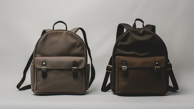Stylish and minimalist student backpacks on left and right side for copy space for text on a plain background; brown backpack, academic tools concept