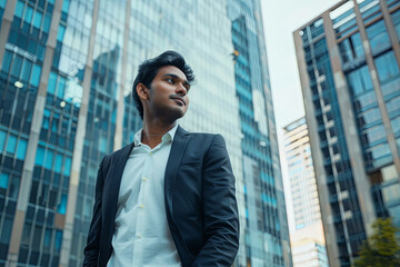 Fototapeta premium Confident Eastern Indian businessman in a modern city, visualizing future business success and setting new goals