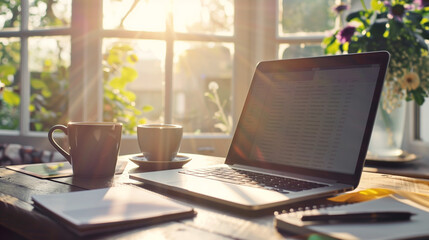 Desktop View with Open Laptop, Notebook, Pen, and Coffee Cup, Bathed in Morning Sunlight Through the Window