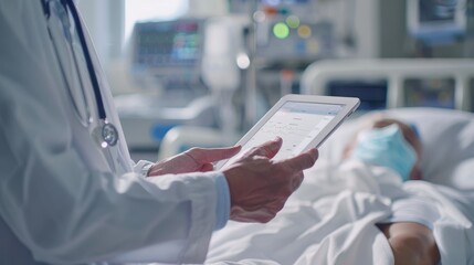 Doctor is using a tablet to check on a patient in a hospital bed. The patient is wearing a mask and he is in a critical condition