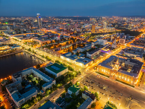 Embankment of the central pond and Plotinka in Yekaterinburg at summer or early autumn night. The historic center of the city of Yekaterinburg, Russia, Aerial View
