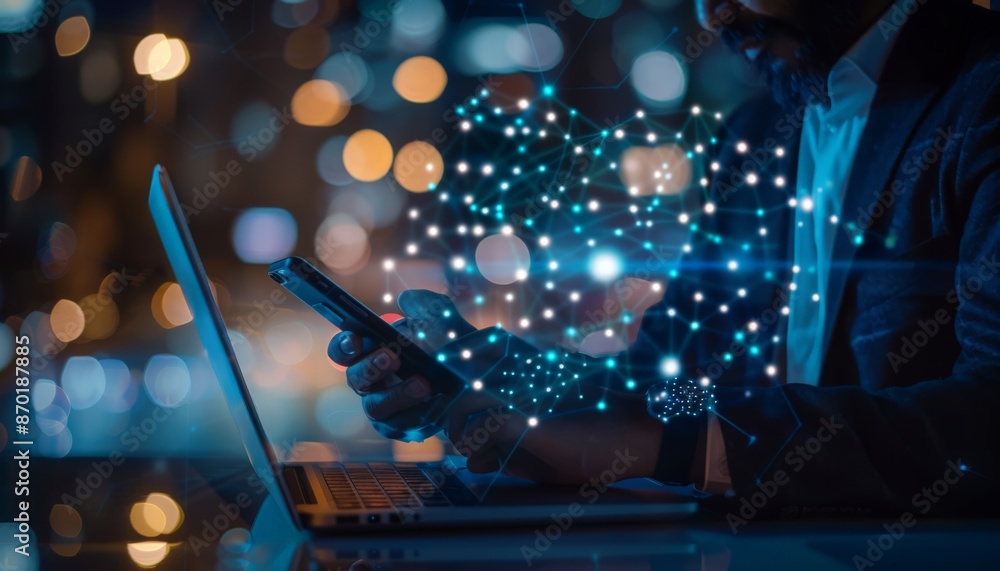 Aufkleber businessman working on laptop and smartphone with network connection visualization suitable for busi