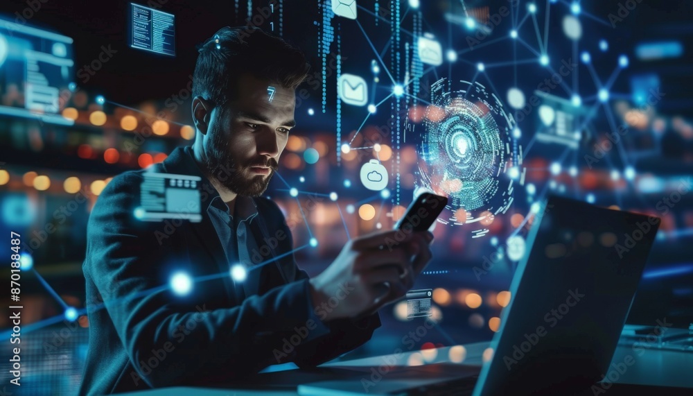 Poster cybersecurity expert analyzing data with holographic interface suitable for business background, pos
