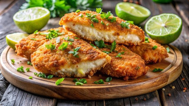 Crispy fried chicken cutlets smothered in golden breadcrumbs and parmesan cheese crust, garnished with dollops of creamy mustard and lime.