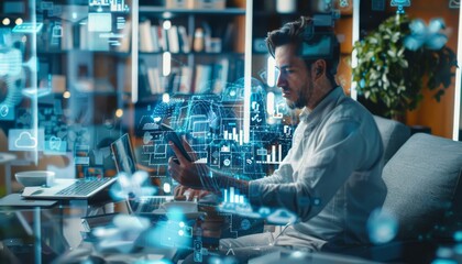 Man Working on a Laptop with Holographic Data suitable for business background, posters, wallpapers, banners, greeting cards, and advertising for business entities or brands.