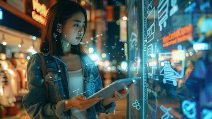 Woman using digital tablet in city at night with futuristic overlay suitable for business background, posters, wallpapers, banners, greeting cards, and advertising for business entities or brands.