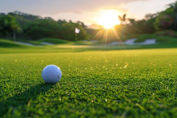 a close-up shop of a golf ball resting on vibrant green ground