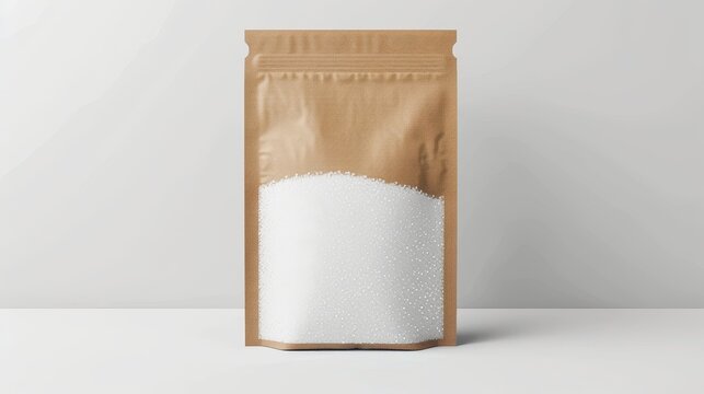 Clean mockup of blank brown stick pack, white sugar granules, realistic packaging, minimalist design, ample space for branding
