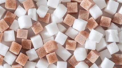 Close-up of stacked sugar cubes, white and brown, blurred background, detailed textures, sharp focus, contrasting colors, aesthetically pleasing