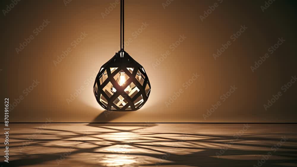 Poster a statement pendant lamp with a geometric shade casting intricate shadows on the walls.