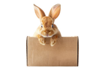 Cute brown rabbit peeking out from cardboard box isolated on transparent background