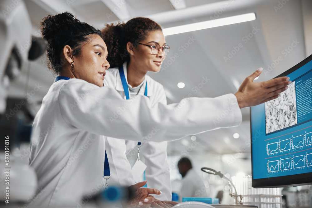 Poster Teamwork, technology and analysis in laboratory for science, innovation or experiment. Collaboration, group and woman in clinic or hospital for research, advice or professional career in medical care