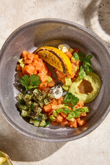 Fresh Salmon Tartare with Avocado Aesthetic Still Life in Sunlit Beige Setting