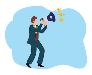 Businessman shout out using megaphone or speaking out loud to communicate with coworker or draw attention and announce promotion concept