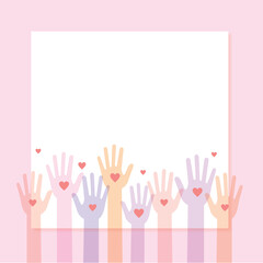 Fototapeta premium Image of volunteers of different races holding hands with heart symbols. Expression of social care images.