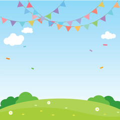 Colorful flags and flowers background on blue sky and blue grass.