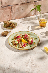 Authentic Tuna Tartare on Crostini with Natural Sunlight and Shadow - Beige Table Still Life Aesthetic